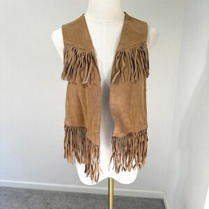 Vintage Suede Fringe Vest Women Medium Brown Boho Western Cowboy Gilet Sasson